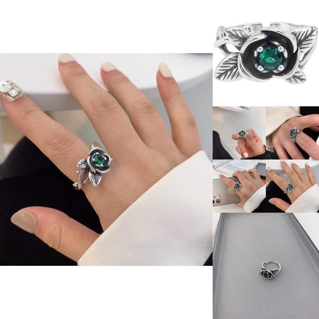 Exquisite Korean Style Vintage Exaggerated Green Zircon Rose Flower Ring For Women