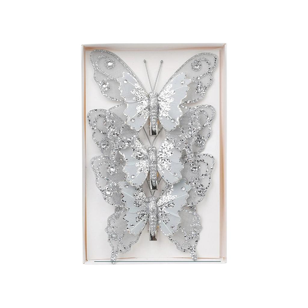 Set of 3 Glitter Butterfly Christmas Ornaments Clip-On Decorative Artificial Butterflies for Tree and Holiday Scene Decoration