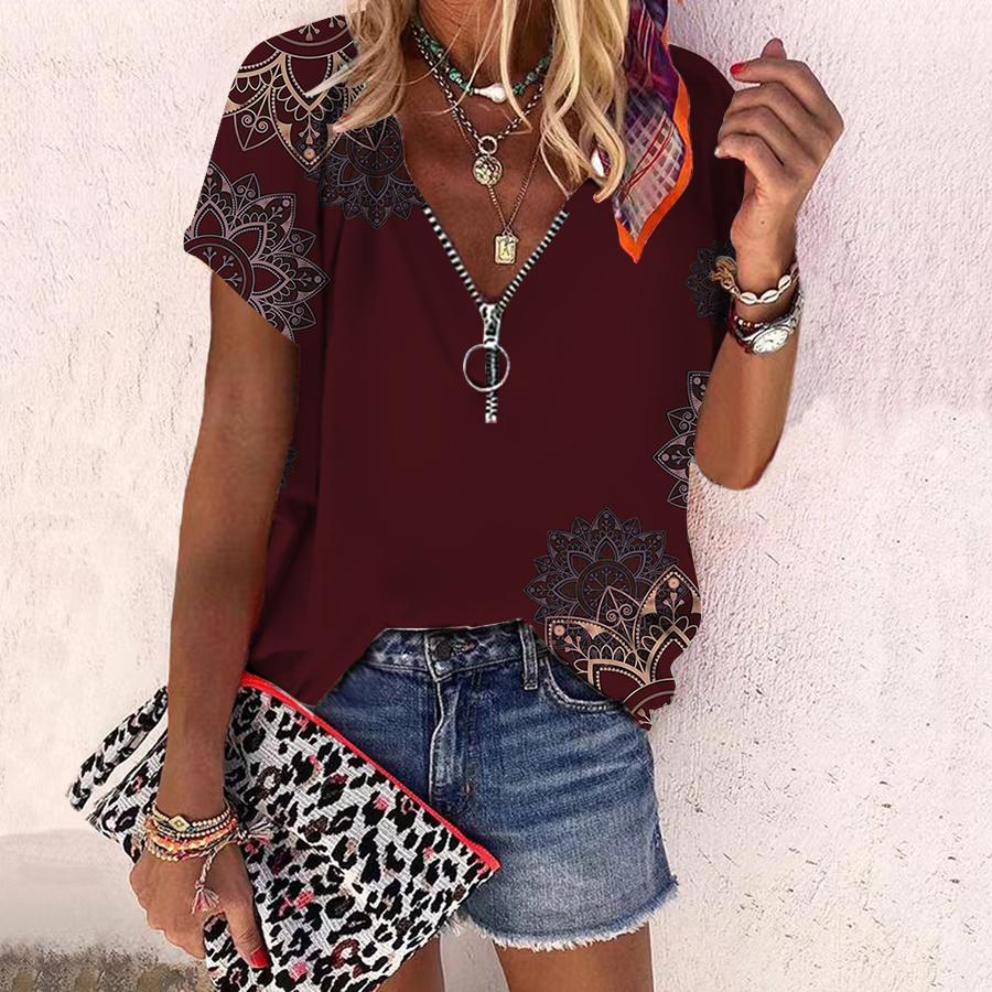 Women's Top Summer New Fashion Rose Flower Sunflower Pattern Printed Casual Zipper V-neck Short Sleeve Top