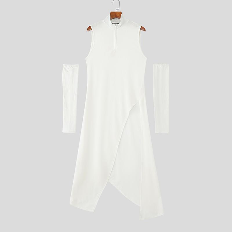 

INCERUN Осень Мужские Стойка Воротник Рукава выше локтя Высокие разрезы Туника Топы Пуловеры 4XL белый