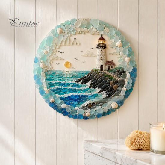 Beach House Decor Lighthouse Sea Glass Art Wall Ornament, Hand Assembled Shells And Tumbled Housewarming Gift for Decor, Style Decorative Hanging