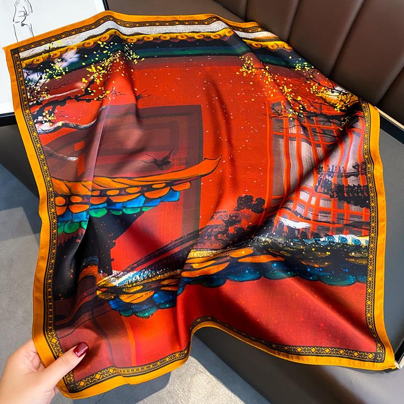 Red National Style Silk Mulberry Silk Silk Scarf Medium Square Scarf Women's Spring and Autumn Neck Protection Scarf Decorative Thin Scarf 71x71