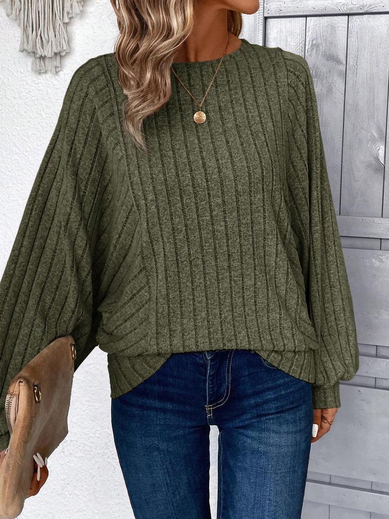2025 Women's Chic Ribbed Lantern Sleeve Top - Comfortable Casual Solid Color for Autumn/Winter