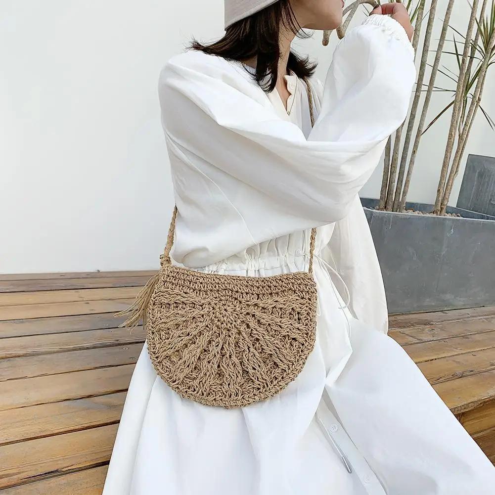 Damen Strand Gewebte Stroh Schulter Umhängetasche mit Quaste Böhmische Häkel Crossbody Tasche Sommer Stricktasche Weberei Geldbörsen