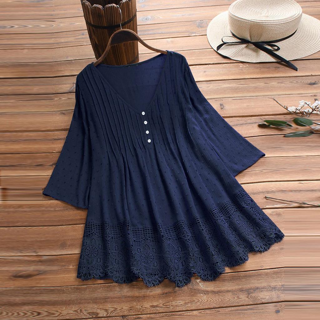 Vintage Three Quarter Lace V Neck Plus Size Top Blouse for Women Summer T Shirt Blouse Blusas