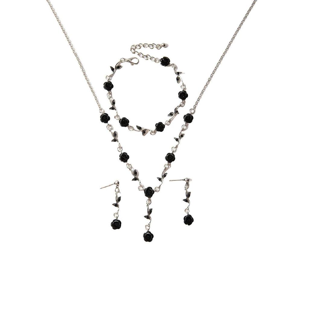 Elegant High-End Women's Retro Silver Fairy Jewelry Set: Black Knight Rose Earrings, Bracelet & Necklace