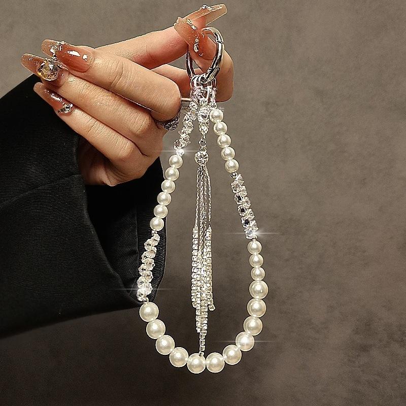 Luxury Premium Sparkling Diamond Tassel Crystal Mobile Phone Lanyard, Large Flower Pearl Short Portable Phone Chain Pendant
