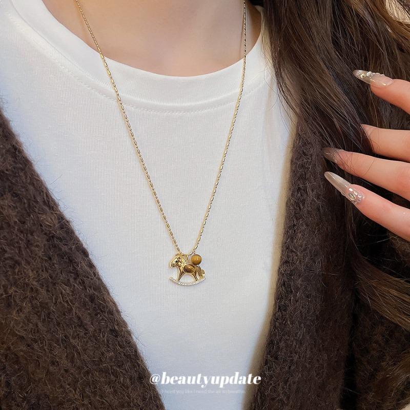 Natal Year Zircon Tiger's Eye Stone Pony Necklace Simple Fashion Light Luxury High-end Sweater Chain Daily Versatile Necklace