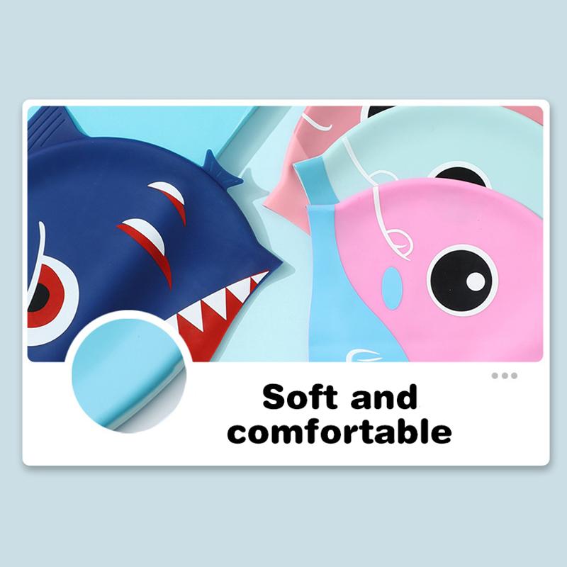 Niedliche Cartoon Fisch Dino Silikon Badekappe für Kinder Ohrenschutz Badehut für Jungen Mädchen Kinder Schwimmbadzubehör