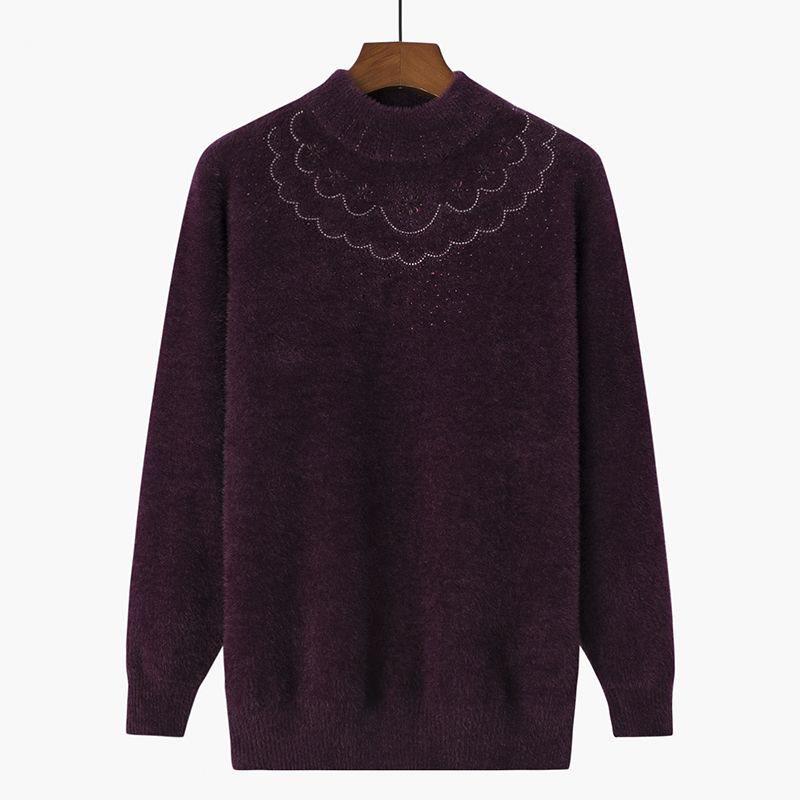 Fashionable Fleece-Lined Grandma's Knit Sweater: Half-High Collar, Imitation Mink Hair, Plus Size