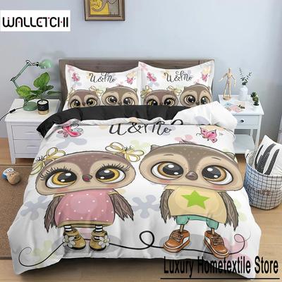 Cartoon Eule Bettwäscheset Jungen Mädchen Twin Queen Größe Bettbezug Kissenbezug Bett Kinder Erwachsene Mode Heimtextiltextil Bettwäscheset