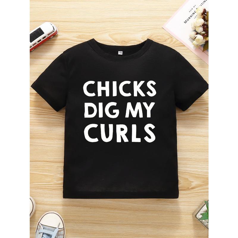 European sizes Chicks Dig My Curls" Boys' T-Shirt - Fun Letter Print, Short Sleeve, Summer Fashion Tee for Youngsters