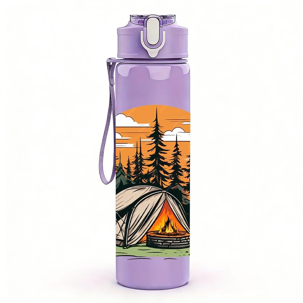 1PC Camping Tent Mountain Sunset Print 750ml Color Plastic Sports Water Bottle Leakproof Flip Straw Lid Suitable for Sports Office Home Use