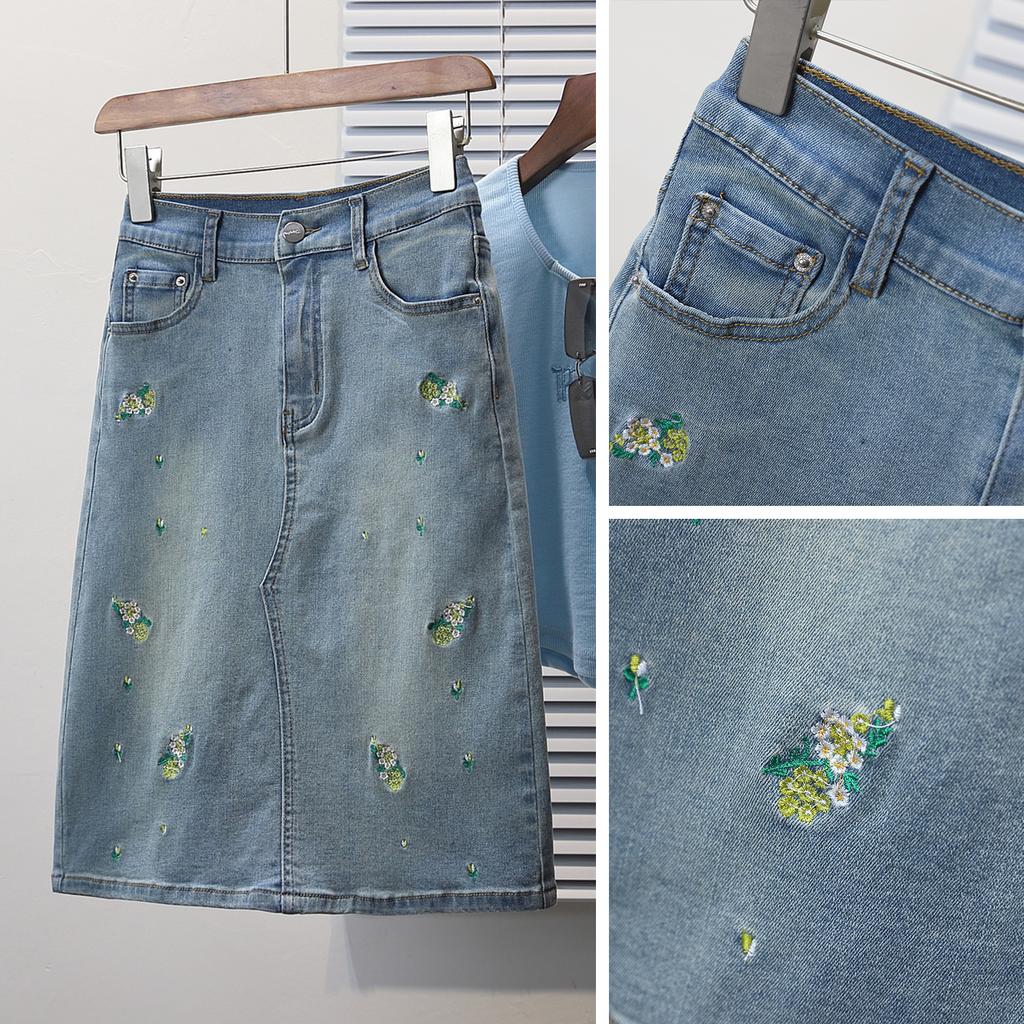 Dimanaf 2025 Plus Size Summer Denim Skirts Women Clothing Blue Floral Fashion A-Line Jeans Skirt High Waist