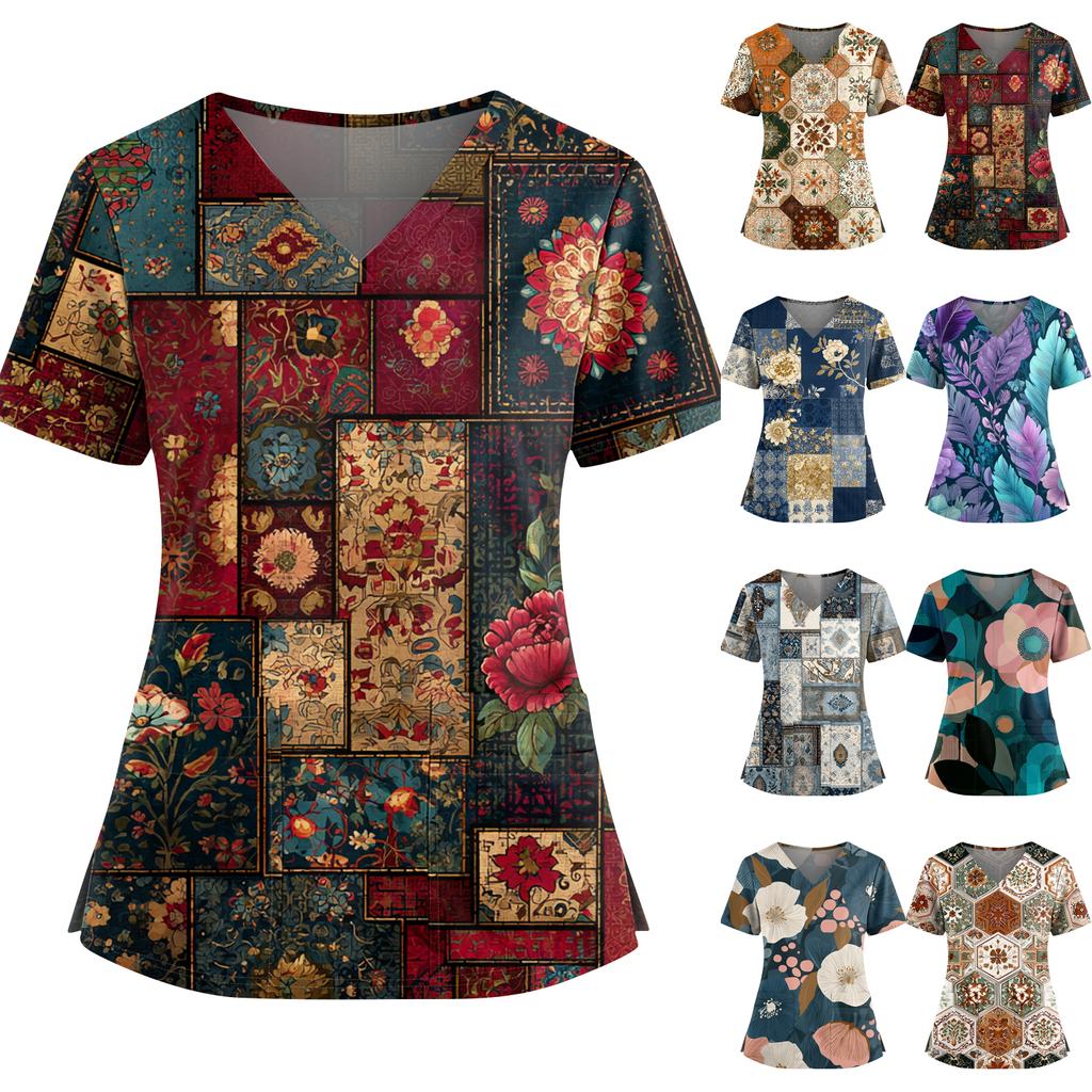 Women's Retro Printed V-Neck Double Pocket Short Sleeves Hem Slit  Uniform Caregiver Top