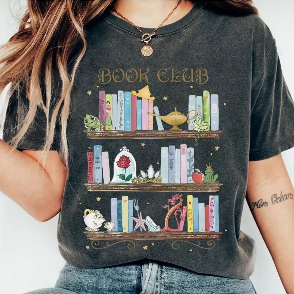 Belle Book Club T-shirt-women s casual short-sleeved T-shirt colorful bookshelf pattern family shirt M