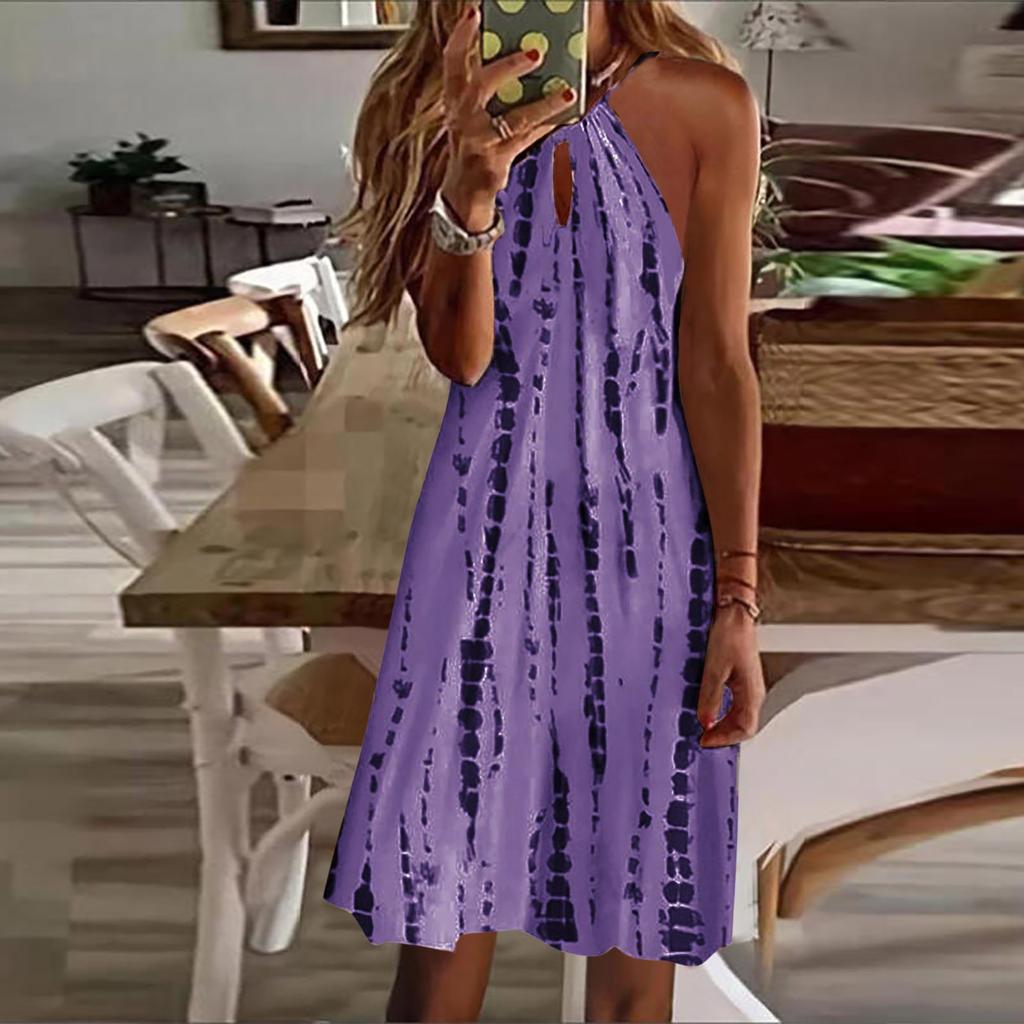 Ladies Sexy Fashion Neck Sleeveless Tank Top Dot Stripe Print Dress