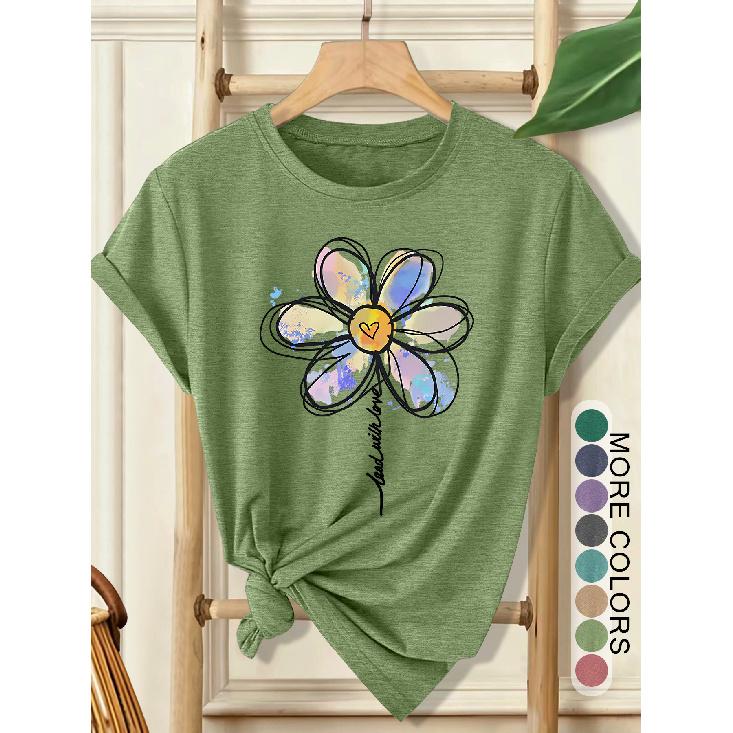 Women's Elegant Style Plus Size Loose Short Sleeve Watercolor Daisy Hand-Painted Print Pattern Round Neck Women's Comfortable Soft Breathable New