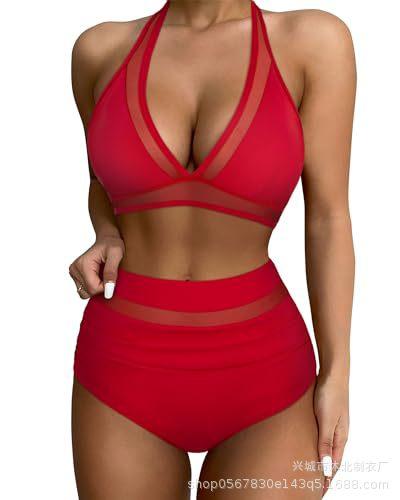 Women's Sexy High Waist Bikini Set Mesh Belly Tuck, Two-piece Swimsuit