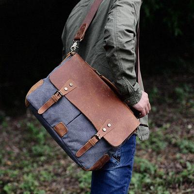 Maleta de luxo ombro crossbody lona militar + couro genuíno mensageiro retalhos saco escolar