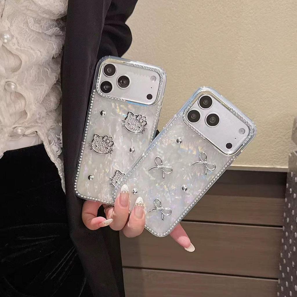 Colorful KT Cat Drill Shell Phone Case for Huawei P80 Pro/Mate 70, Cute with Bow and Iron Ball Design