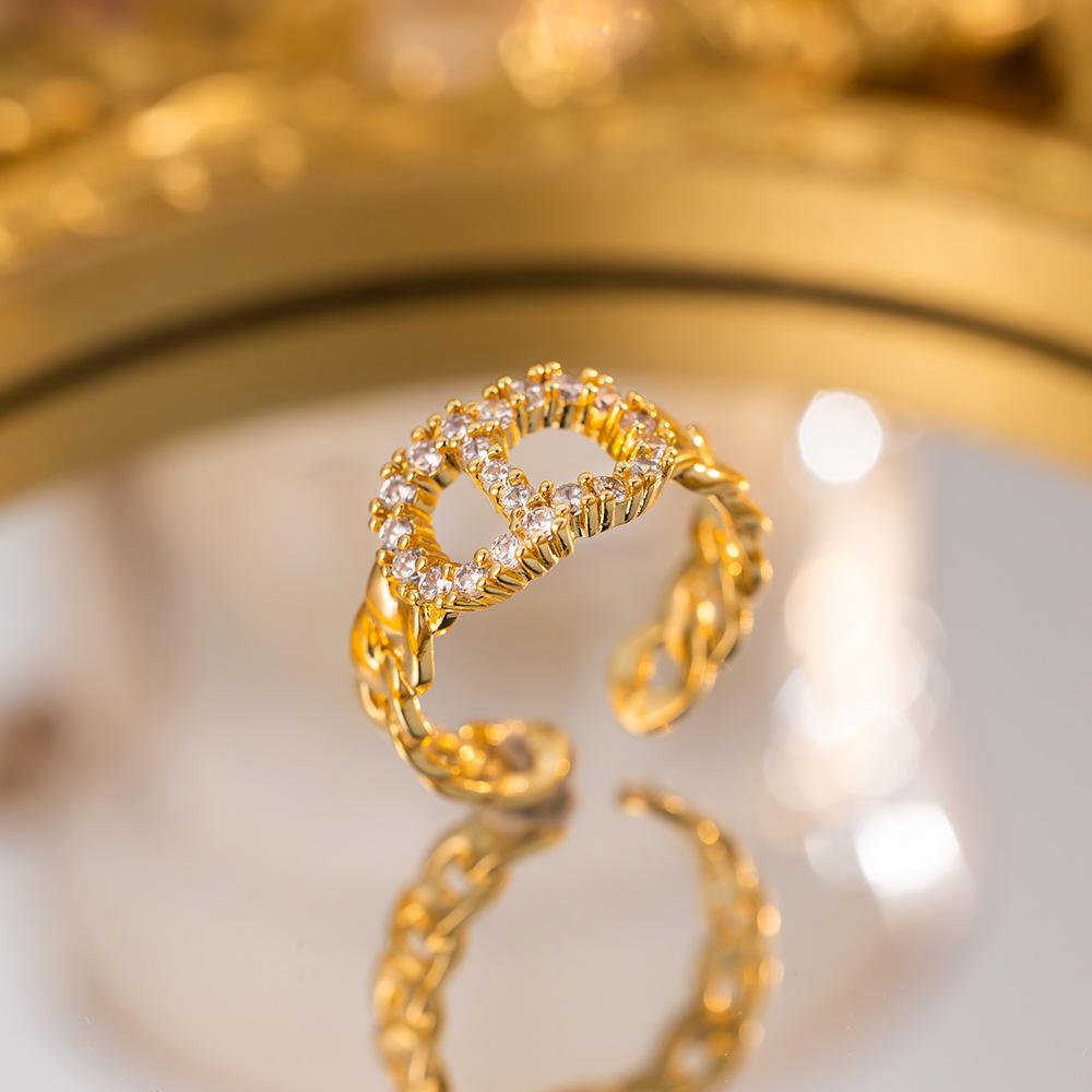 Exquisite super flash zircon ring for girls, light luxury, high-end sense opening adjustable ring, simple real gold electroplating