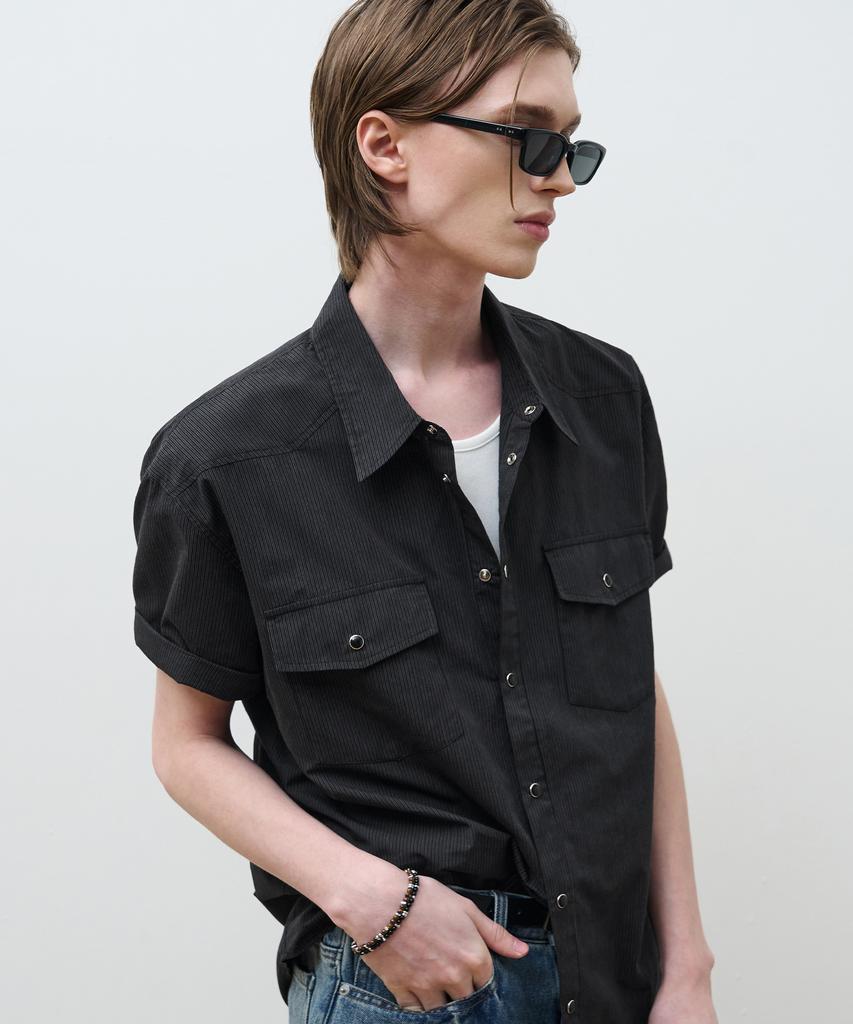 DRAW FIT Luce Striped Half Western Shirt [Black]