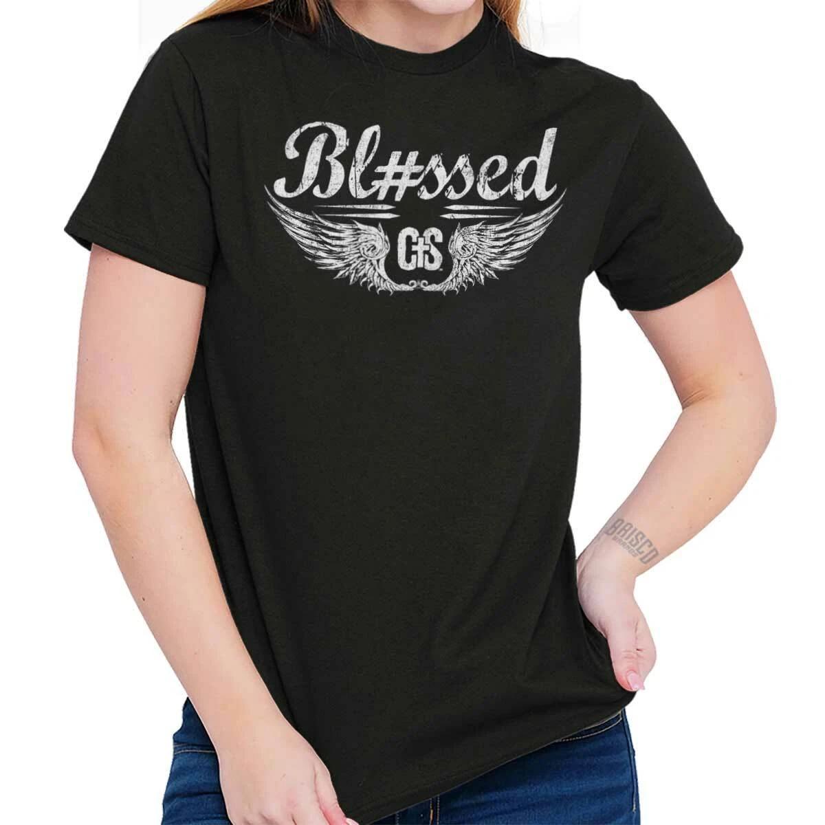 Christian Strong Hashtag Blessed Angel Wings Womens or Mens Crewneck T Shirt Tee XS