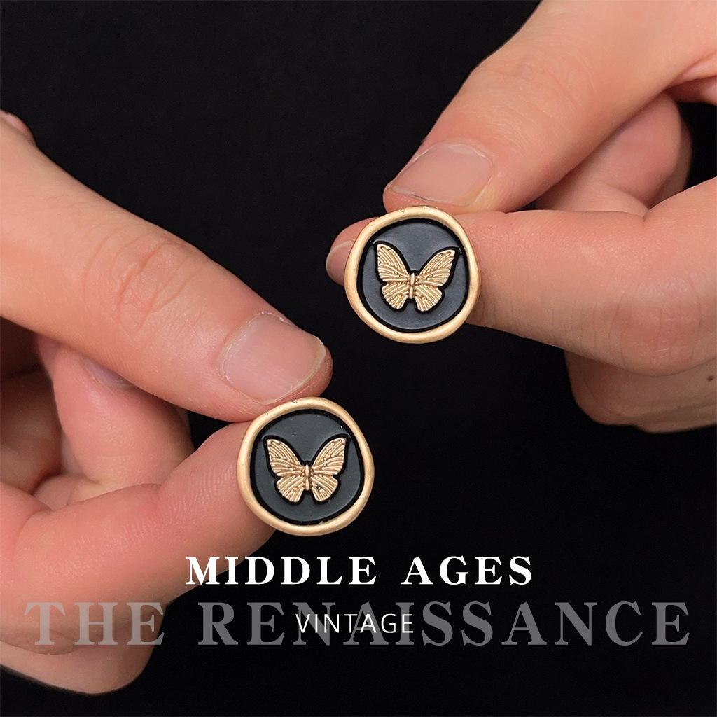 Enamel Drop Glaze Butterfly Round Stud Earrings Vintage Black Gold Geometric Earrings