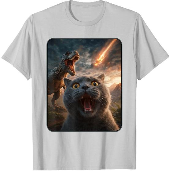 Cat Selfie with T-Rex Dinosaur Funny Cat T Rex Shirt Meme T-Shirt