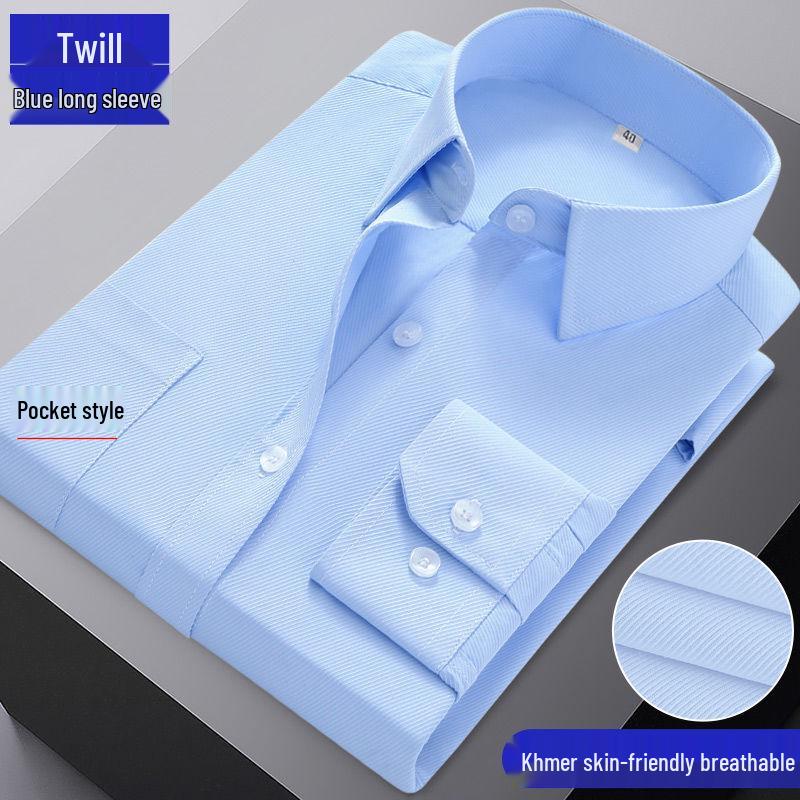 Men's Blue Long-Sleeve Business Shirt - Spring/Autumn Professional Workwear with Pocket Style