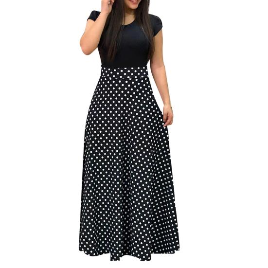 Women Floral Print Color Block Round Neck Beach Party Short Sleeve Maxi Dress