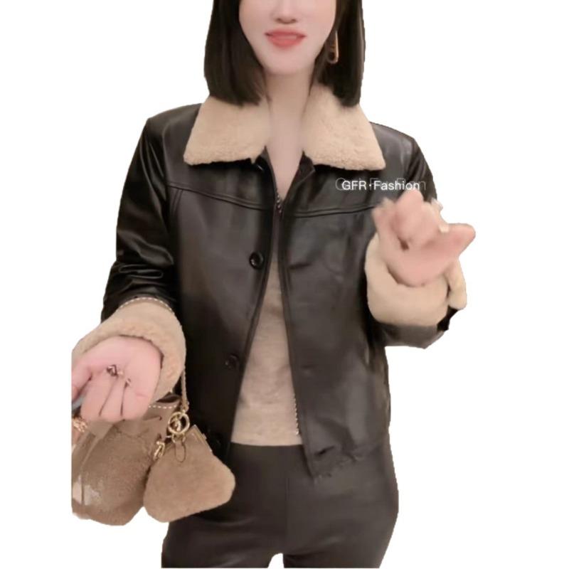 Brown cotton leather jacket short locomotive clothing imitation lamb fur jacket women's autumn and winter cotton-padded clothing short fashion