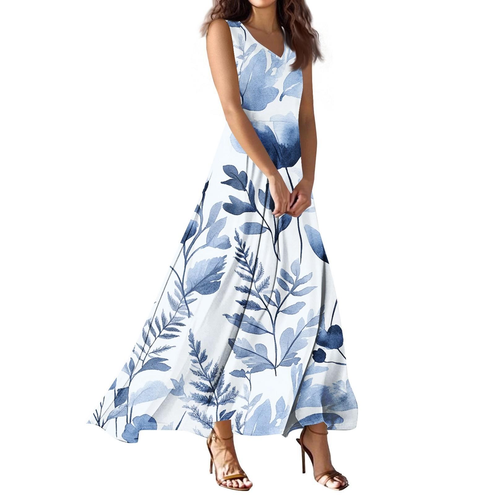 Women s Summer Casual Fashion Printed Dress V Neck Sleeveless Dress L синий