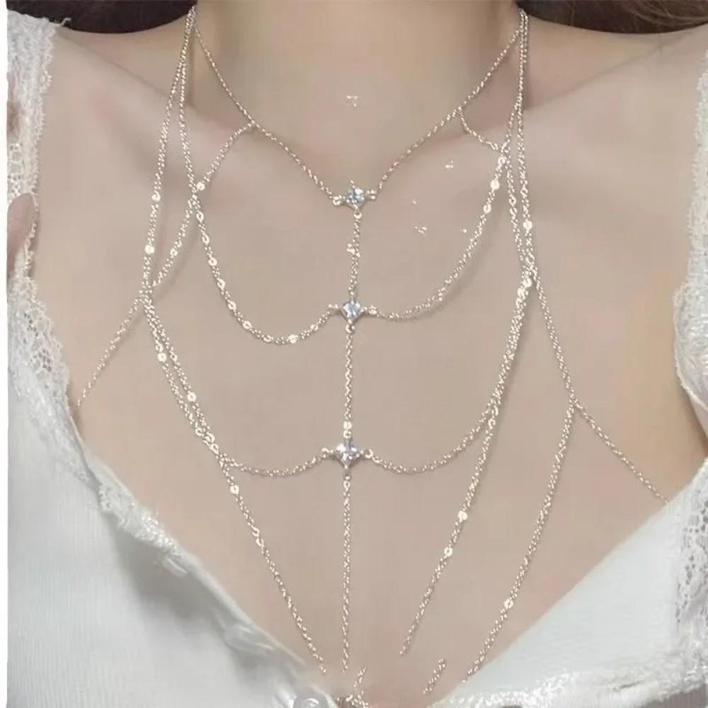 Sexy Silver Body Chain Multilayer Bikini Chest Chain Body Jewelry Rhinestone Bust Chain Nightclubs