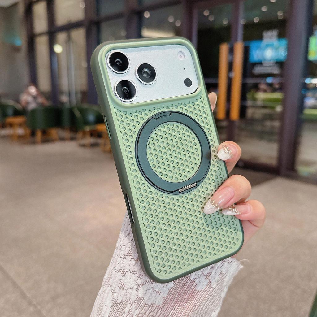Magnetic Phone Case for iPhone 17 Pro Max with Honeycomb Heat Dissipation, 360° Rotating Stand, and Full Protection.