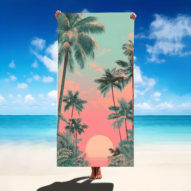 Gradient Sunset Palm Tree Retro Ocean Landscape Print Microfiber Quick Dry Vintage Tropical Sunset Outdoor Beach Towel