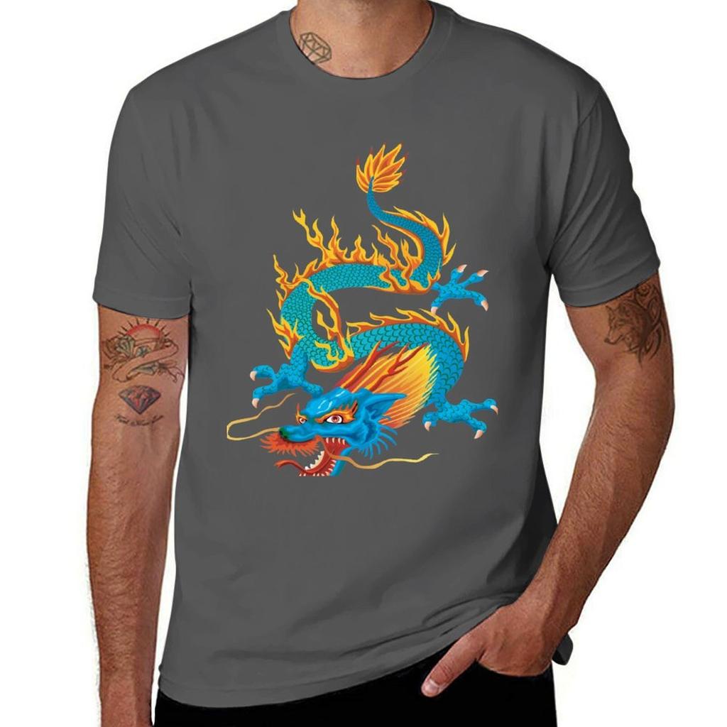 Blueyellow Oriental Dragon TShirt Big Size Short Sleeve Casual Top