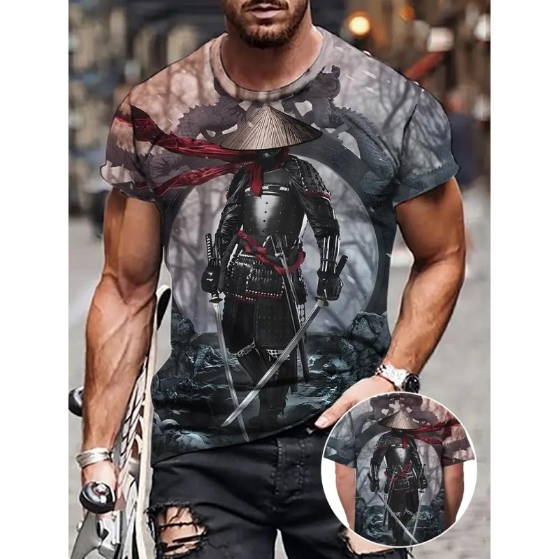 Samurai 3D-Druck Herren-Shirt Modetrends Clake-Ausschnitt Standard Standard Standard Legales T-Shirt Straßenbekleidung Harajuku Hip-Hop Big T-Shirt