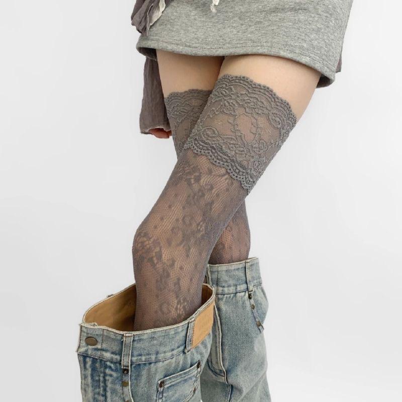 Women'S Sexy Lace Trim Nylon Fishnet Stockings Retro Floral Sweet Mesh Breathable Thigh High Long Socks Jk Over The Knee Socks