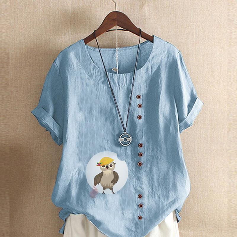 Women's Fashion Owl Prined Short Sleeve T-shirt Loose Cotton Shirt Casual Loose Summer Blouse Tops Plus Size