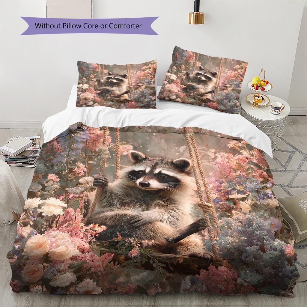 Raccoon and Flowers Pattern Bedding Home Decoration Birthday Gift (1 * duvet cover + 2 * pillowcase, without core)