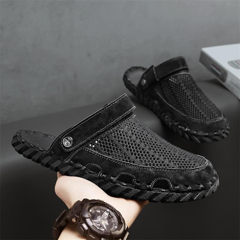 Mode Sandalen für Herren Sommer Flache Oberseite Hochwertige Sandalen Netzstickerei Weiche Sohle Outdoor Rutschfest Camping Atmungsaktive Freizeitschuhe