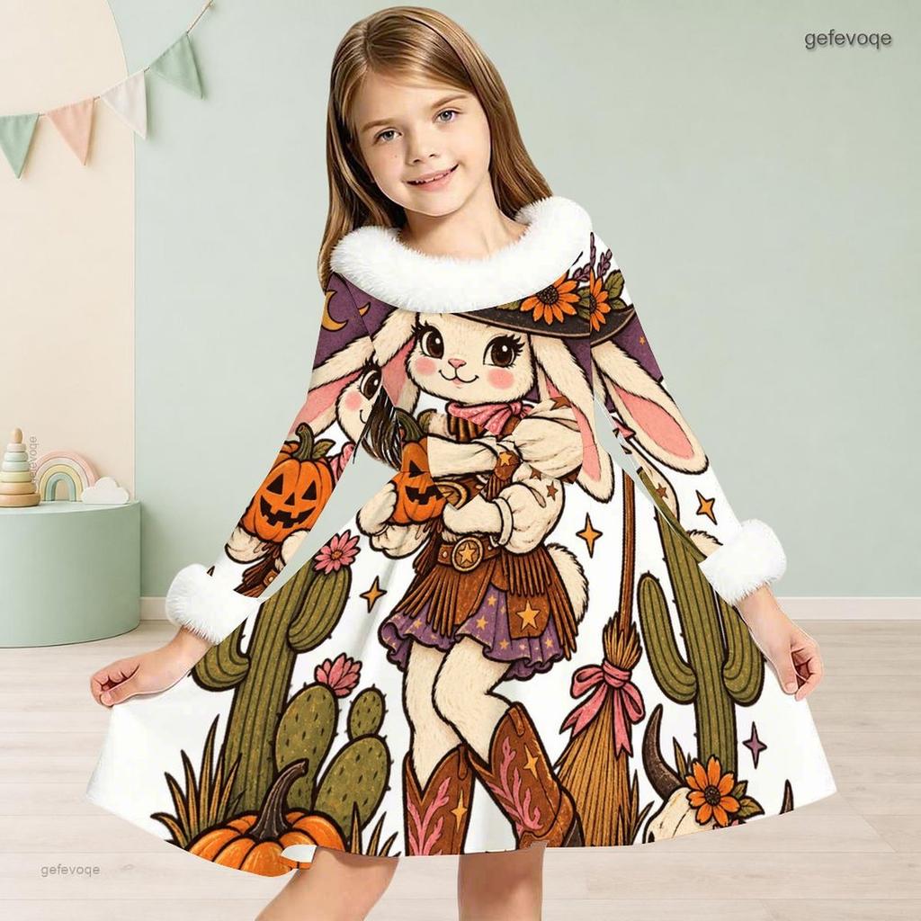 Girls High Neck Furry Trim Long Sleeve Halloween Tiger Printed A Line Flared Dress