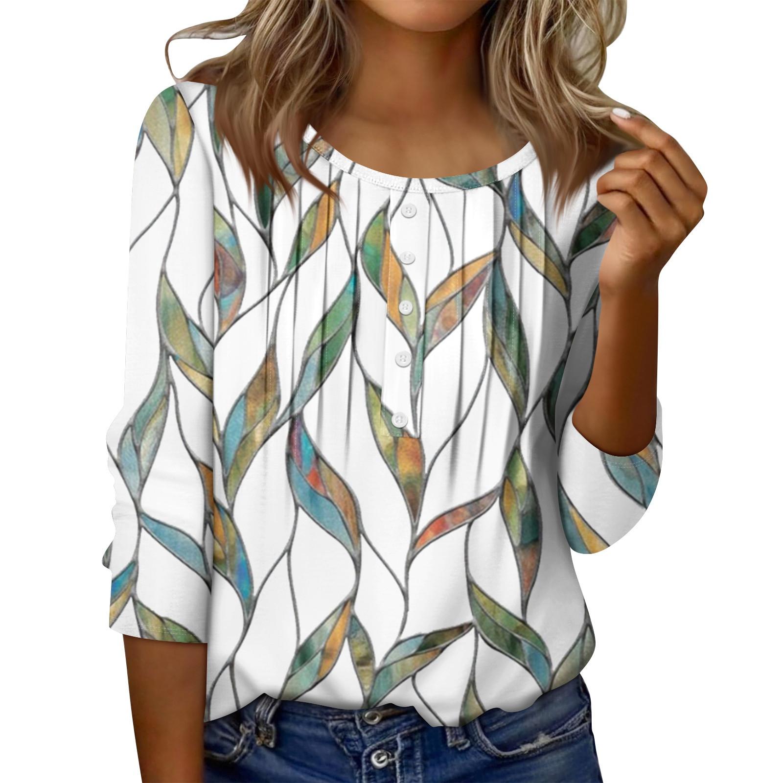 

Женский топ с круглым вырезом, декоративными пуговицами и полосками, повседневная футболка однотонного цвета с рукавом 3/4 XL белый