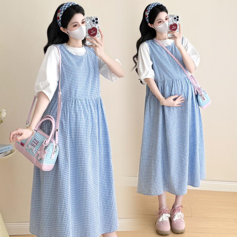 2026 Summer Blue Plaid Maternity Dress & Tee Combo Large