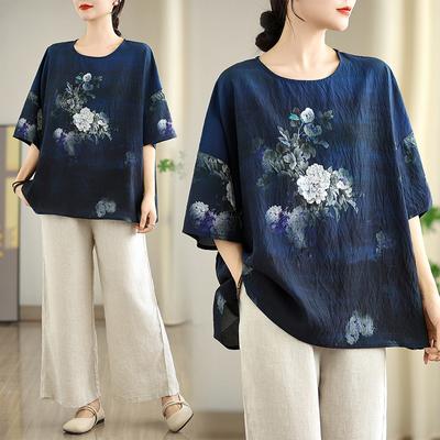 DIMANAF 2026 Plus Size New T-Shirt Women Shirts Flower Print Loose Casual O-Neck Lady Tops Tees Blouse Oversize Summer