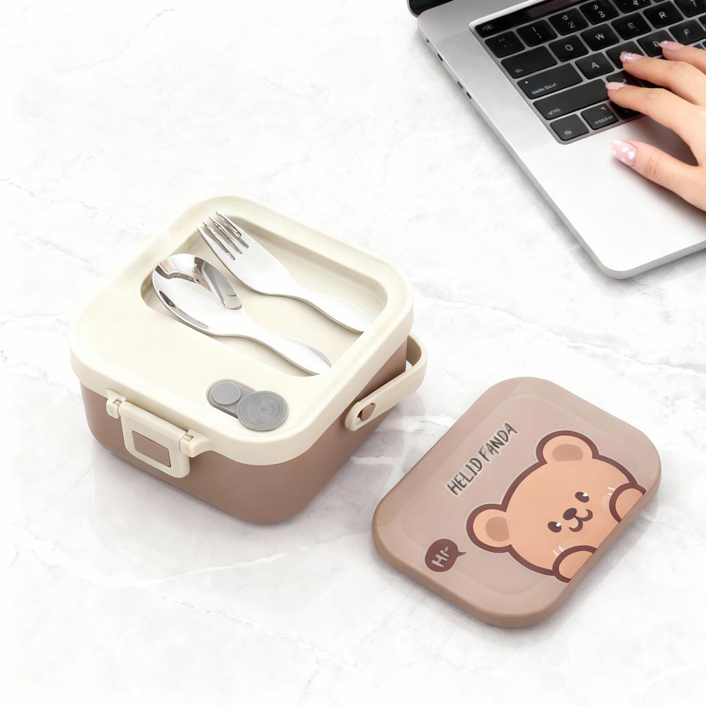 304 Stainless Steel Handheld Lunch Container Leak-proof Cartoon Square Children's Bento Lunch Box With Fork Spoon Microwave Safe