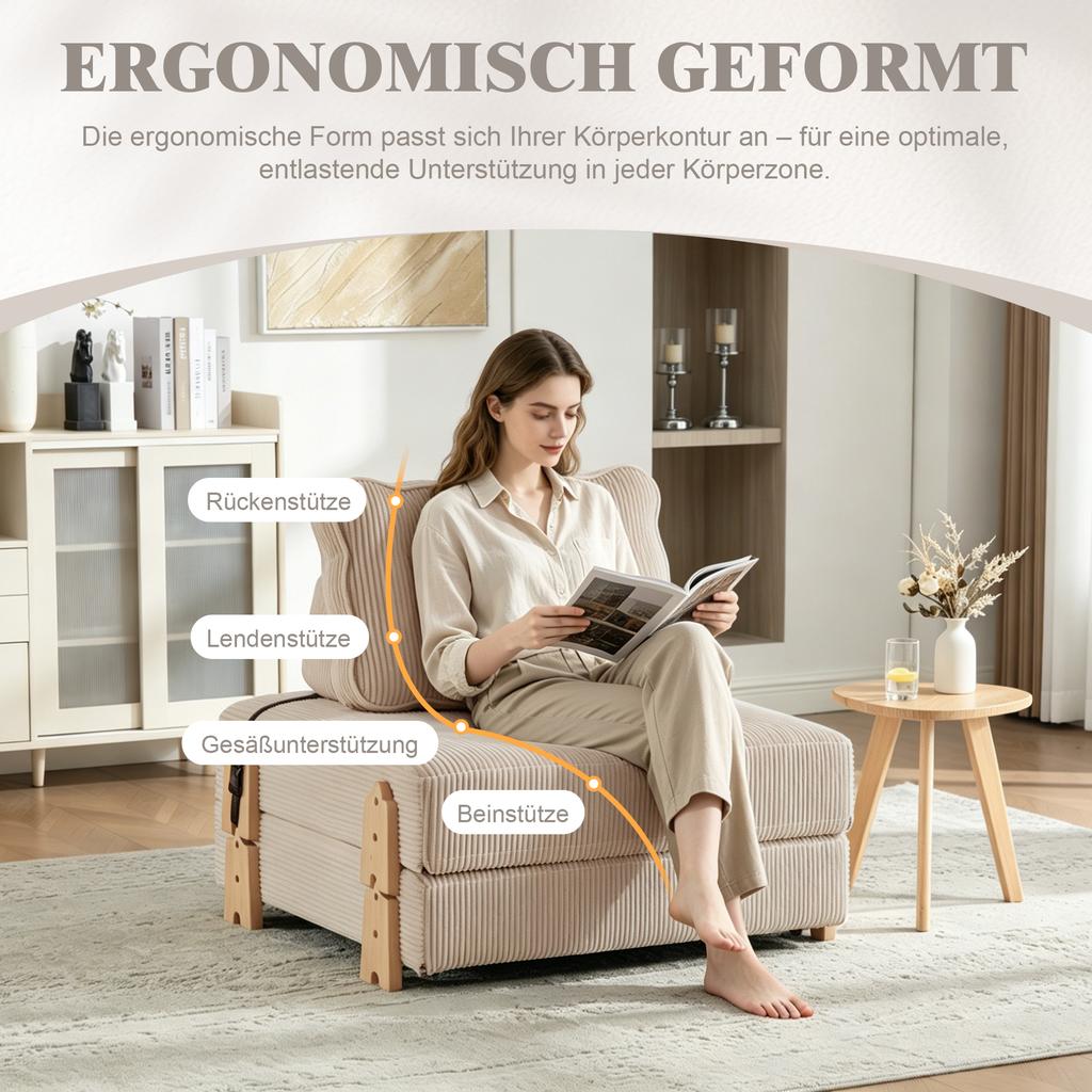 A Comfortable Armchair Made of Corduroy – a Fold-out Sofa Bed with Wooden Legs, Ideal for Small Apartments and Bedrooms (Khaki-colored Corduroy)