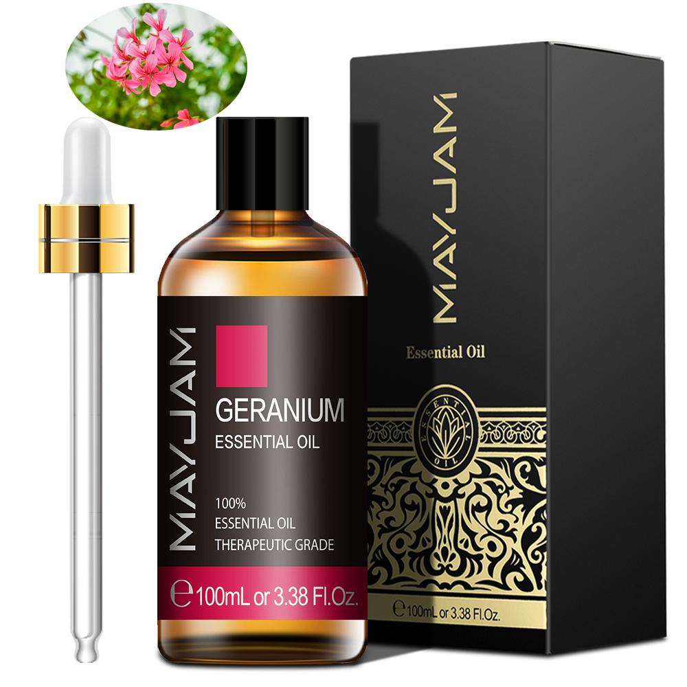 MAYJAM 100ml Geranium esenciální olej aromaterapie pro repelentní sterilizaci osvěžující ošetření povadlé pokožky květinová vůně olej do difuzéru